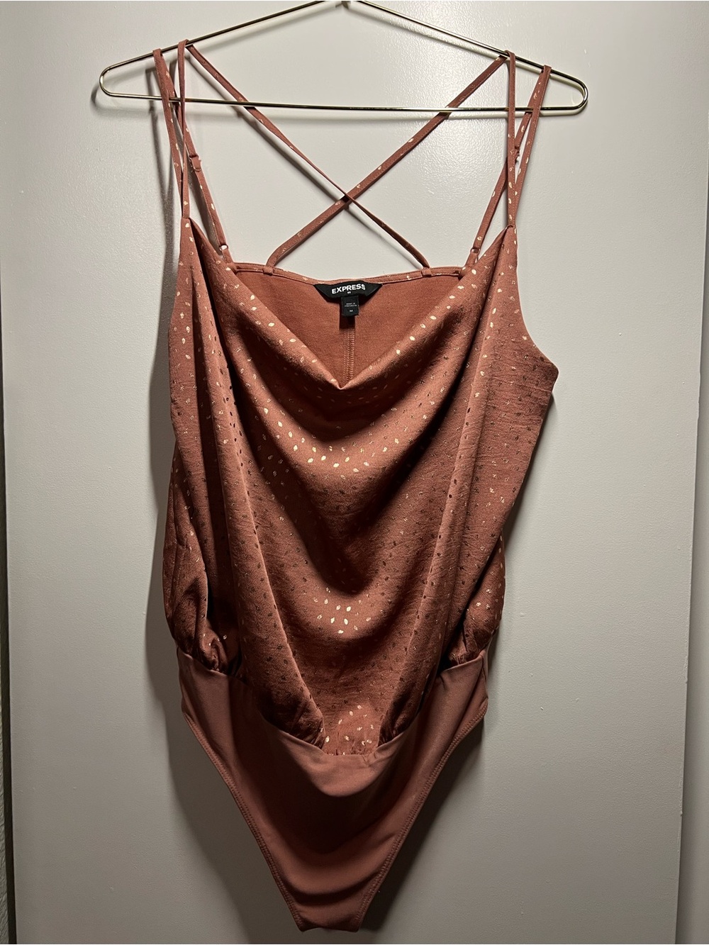 Express Women's Pink/Brown with gold Metallic pattern, Cowl Neck Bodysuit